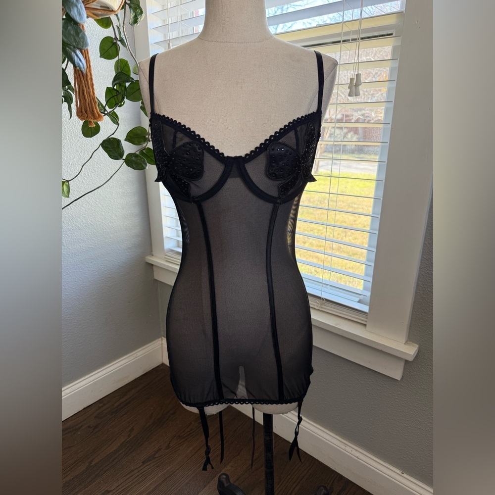 Shirley of Hollywood Sheer Chemise with Garter Straps Bow Detail Size